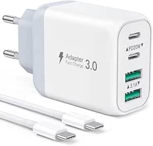 Chargeur Type C Rapide 40W - 4 Port Adaptateur Secteur USB C PD et QC Avec 2M Câble - Pour iPhone 15 Series, Samsung Galaxy S23 Ultra/S23/S22/S21/S20/S10 (Blanc)