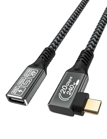 CAKOBLE Câble d'extension USB C 1 m, [20 Gbit/s, 240 W] Câble d'extension USB C 3.2 à angle droit 20 Gbit/s, USB de type C 240 W, charge rapide, transfert de données 4K @ 60 Hz, câble d'affichage