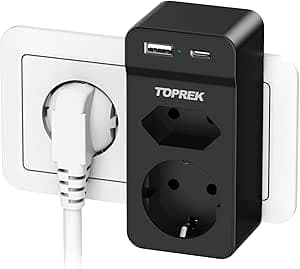 Prise USB Secteur Multiple, TOPREK 4 en 1 Chargeur USB Multiprises avec 2 USB(5V/2,4A) et 2 Sortie AC 16A, 4000W Murale Electrique pour la Maison Le Bureau Les Voyages Compatible avec Phone, Portable