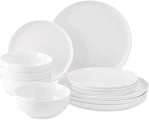 Service de Table 12 Pièces, Service Vaisselle Porcelaine pour 4 Personnes, Tableware Blanche avec Assiettes Plates, Assiettes à Dessert, Bols Dejeuner