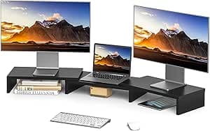 RFIVER Support PC Double TV Riser Support Moniteur Ordinateur Bureau Organiseur 3 Etagère en Bois Noir L840 x W235 x H95 mm Paquet de 3