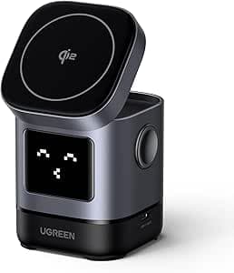 UGREEN Uno Qi2 15W Chargeur Induction 2 en 1 Forme de Robot Compatible avec MagSafe iPhone 17 16 15 14 13 12 Air Plus Pro Max AirPods 4 3 Pro 3 2 1 Chargeur sans Fil Magnétique Statut Émoji