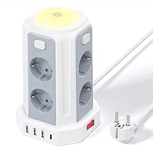 12 en 1 Multiprise avec Interrupteur (3600W/16A), 2M Tour Multiprise with 4 USB Ports and 8 Sockets, avec Lumière pour Le Bureau et la Maison