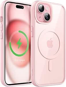 JETech Coque Magnétique pour iPhone 15 6,1 Pouces Compatible avec MagSafe, Étui Housse Antichoc Bumper, Cadre en TPU Mat de Couleur Unie, Dos Transparent Anti-Rayures (Rose)