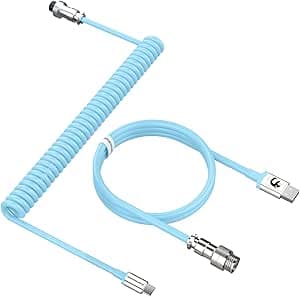 MAMBASNAKE Câble de Clavier Spiralé, Pro Customized USB C Câble pour Clavier Mécanique, Clavier de Jeu Câble, Type-C vers USB-A, TPU Coiled Cable USB C avec Connecteur D'aviation en Métal-Bleu