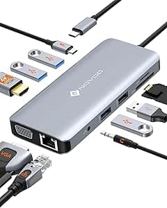 NOVOO Hub USB C 11-en-1 Docking Station vers HDMI 4K, VGA, PD 100W, USB 3.0/2.0, SD/TF, Ethernet RJ45, Audio, Stations d'accueil USB C pour MacBook HP Dell