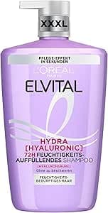 L'Oréal Paris Elvital Shampooing hydratant XXL pour des cheveux brillants et sains, à l'acide hyaluronique pour un boost d'hydratation, Hydra Hyaluronic, 1000 ml