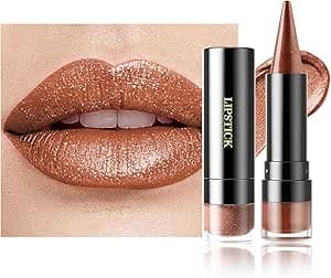 Rouge a Levre Pailleté Métallique, Rouge à Lèvres Marron Brillant Mat Longue Tenue Waterproof, Lip Stain Haut Pigment Sans Transfert, 2 in 1 Crayon Levre Fard a Paupiere Paillette, Maquillage Femme-01