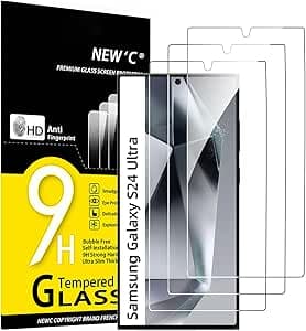 NEW'C Lot de 3, Verre Trempé pour Samsung Galaxy S24 Ultra Protection efficace contre les Rayures - sans Bulles - Ultra Résistant - 0,33mm HD Ultra Transparent - Dureté 9H Glass