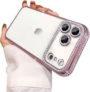 Compatible avec Coque iPhone 17 Pro Max Transparent Brillant Mignon étui Diamant Caméra Protecteur Etui Cover Housse de Téléphone Bling Pailletée Antichoc pour Femmes et Filles-Rosa