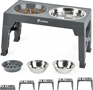 Gamelles Chiens Surélevées de 5 Hauteurs Ajustables, Support Surélevé avec 1 Gamelle Anti-Glouton et 2 Gamelles INOX pour Chien de Taille Moyenne et Grande, Grise