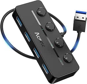 Aceele Hub USB 4 Ports, Data Hub USB 3.0, 5Gbit/s Adaptateur USB avec interrupteurs d'alimentation LED individuels pour MacBook, PC, Souris, Clavier, clés USB, Disque Dur Mobile, iMac, XPS, et Plus.