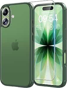TAURI Coque pour iPhone 17 avec Protection D'écran en Verre Trempé, Protection Militaire, Coque Bumper Translucide Mate Antichoc - Vert Mat