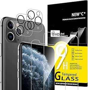 NEW'C Lot de 4, 2 x Verre Trempé pour iPhone 11 Pro et 2 x Protection Ecran Caméra Arrière -sans Bulles d'air -Ultra Résistant - Dureté 9H Glass