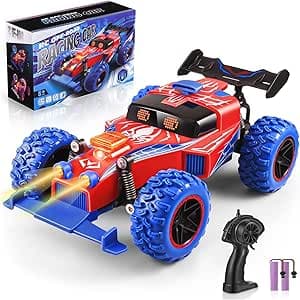 Spider Voiture Télécommandée Enfant,1:18 Monster Truck Télécommandé Tout Terrain avec Lumières Sympas,2,4 GHz,15 KM/H Voiture Telecommandé avec 2 Batterie,Jouet Enfant Garçons 3-12 Ans