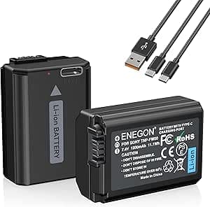 ENEGON NP-FW50 batterie rechargeable 2 Pack 1500mAh avec câble de Charge USB-C 2 en 1 pour Sony ZV-E10, A6000, A6500, A6300, A6400, A7, A7II, A7RII, A7SII, A7S, A7R, A55, A5100,A5000, A3000, A55, RX10
