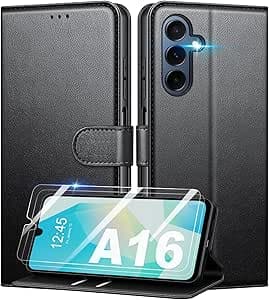 Coque pour Samsung Galaxy A16 4G/5G + 2 Pièces Verre Trempé, [RFID Blocage] Étui de Protection Housse Premium en Cuir PU, [Fentes pour Cartes] Pochette de Portefeuille Etui à Rabat - Noir