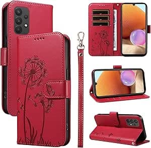Coque pour Samsung Galaxy A32 5G, Housse en Cuir PU Premium Etui à Rabat Pochette de Portefeuille avec Porte Carte Étui de Protection pour Galaxy A32 5G, Rouge