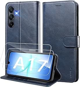 Coque pour Samsung Galaxy A17 4G/5G Etui Coque avec 2 Verre Trempé Porte Carte Clapet à Rabat Portefeuille Cuir Case Housse Protection Flip Cover Étui,Bleu