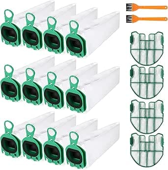 Lot de 12 Sacs d'aspirateur pour Vorwerk Kobold VB100,Sacs d'aspirateur,Avec 4 Filtres à Moteur, 2 Pinceaux,Supérieure pour Aspirateur Sans Filtre Kobold VB100 FP100