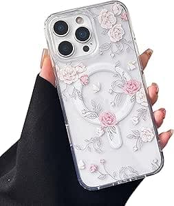ZTOFERA Coque Magnétique pour iPhone 16 Pro Max 6,9 Pouce, Étui Souple Transparent avec Motif Fleurs Compatible avec Magsafe Charge sans Fil, Coque Résistant- Rose Rose