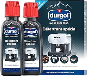 durgol swiss espresso – Détartrant spécial anti-calcaire pour tous types de machines à café – Enlève le calcaire efficacement – Version française – 2 x 125 ml