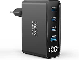 Chargeur USB C 100W, Adaptateur Secteur USB C avec indicateur LED, Chargeur Rapide multiport GaN à 4 Ports, Compatible avec iPhone 17/16/15 Pro Max, MacBook Air/Pro, iPad Air et Galaxy S25/S24. Noir.