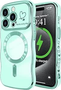 LCHULLE Coque Compatible avec iPhone 15 Pro(6,1 Pouces) Magnétique avec Protection de Caméra Forme Ondulée Bouclée Galvanisé Coque pour iPhone 15 Pro(6,1 Pouces) Motif Coeur Vert Clair